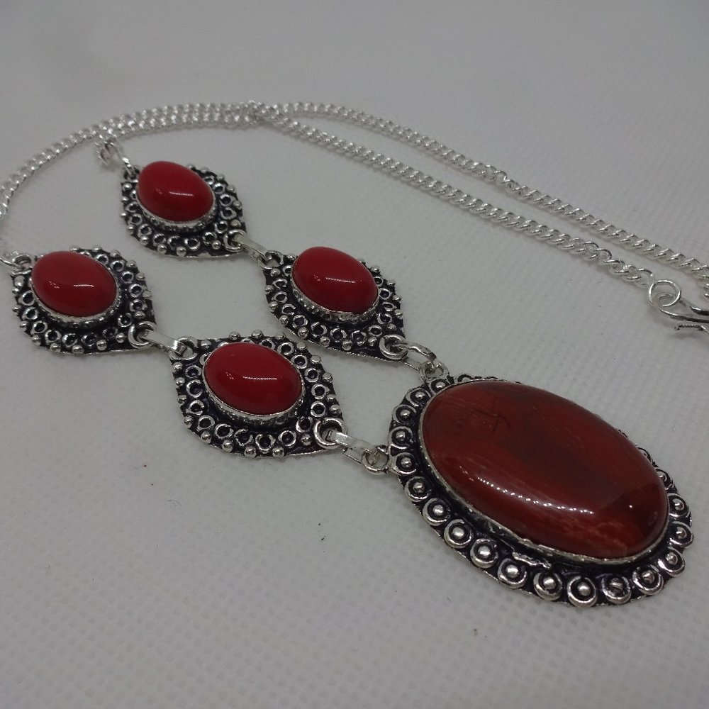 Gorgeous "POPPY JASPER & RED CORAL" Handmade Sterling Necklace 20" #732